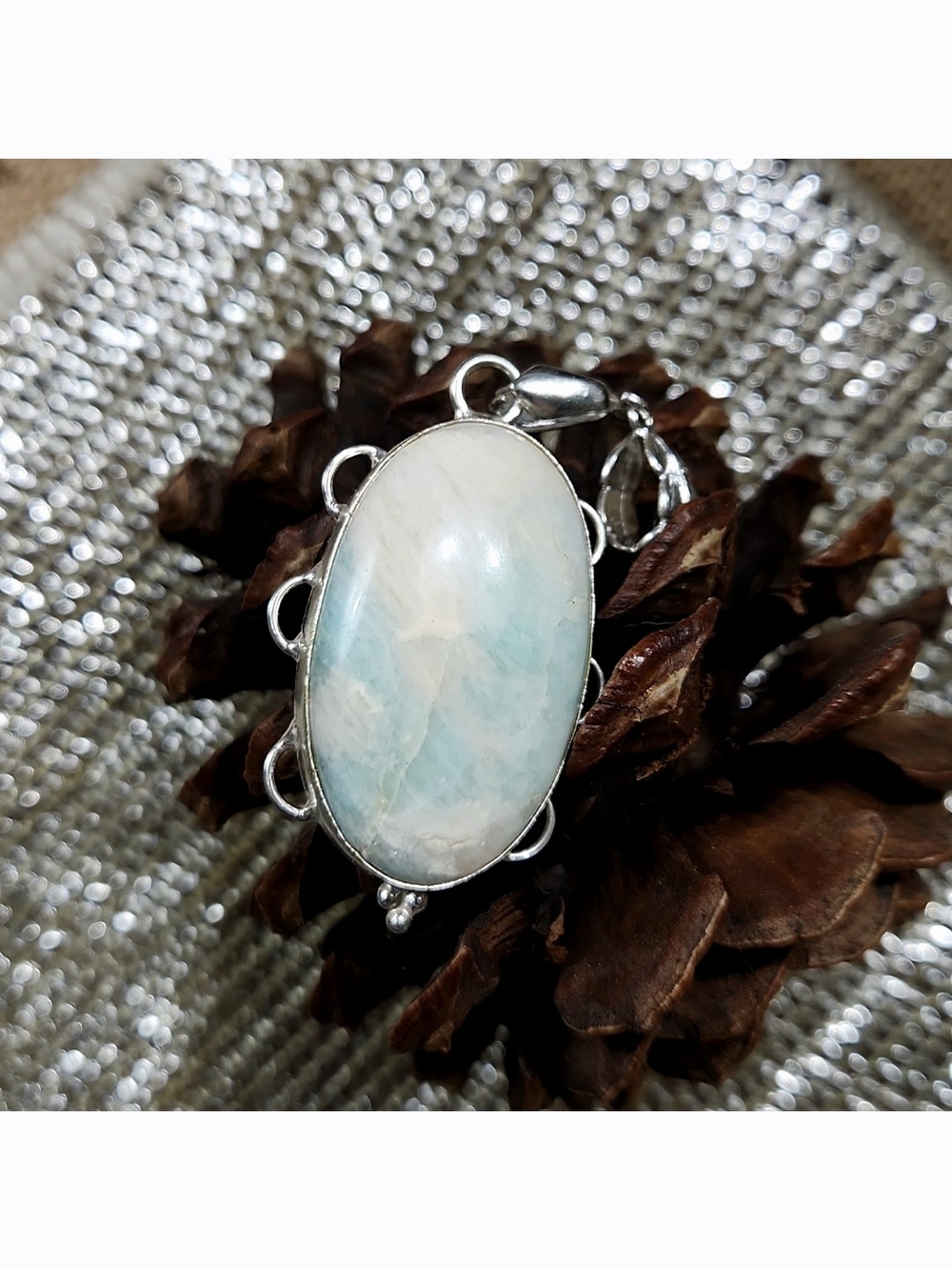 Source Unknown Sterling Pendant with Pale Blue and White Oval Stone